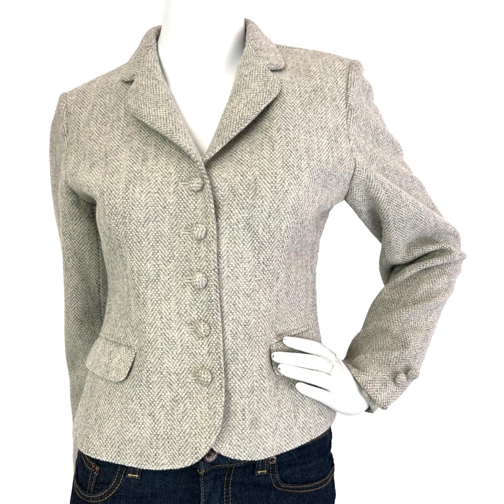 Vtg Sasson 100% Wool Herringbone Blazer Grey Tweed Dark Academia Jacket XS EUC